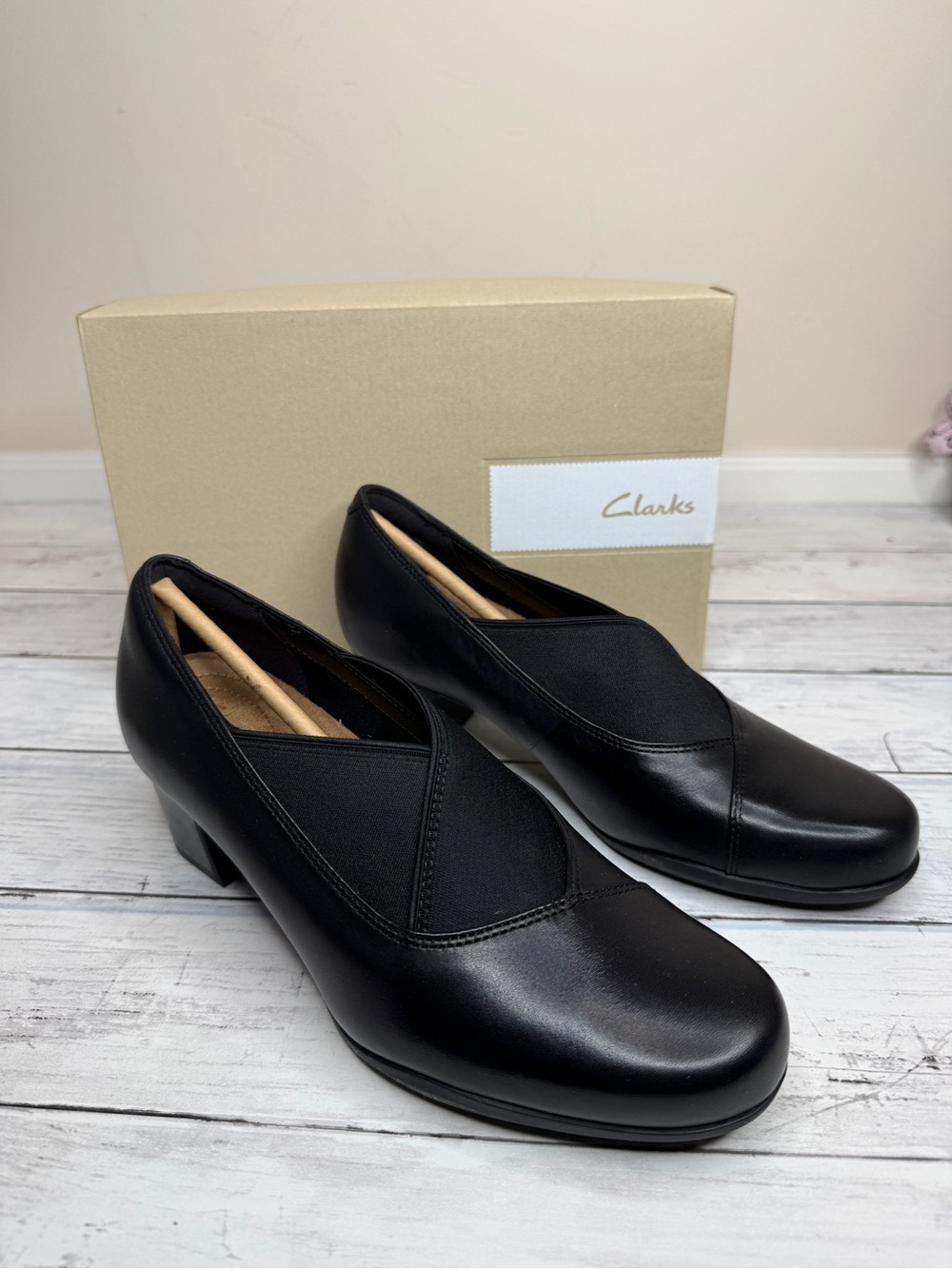 Clarks Black Low Block Heel Slip-On Pumps with Elastic V-Panel